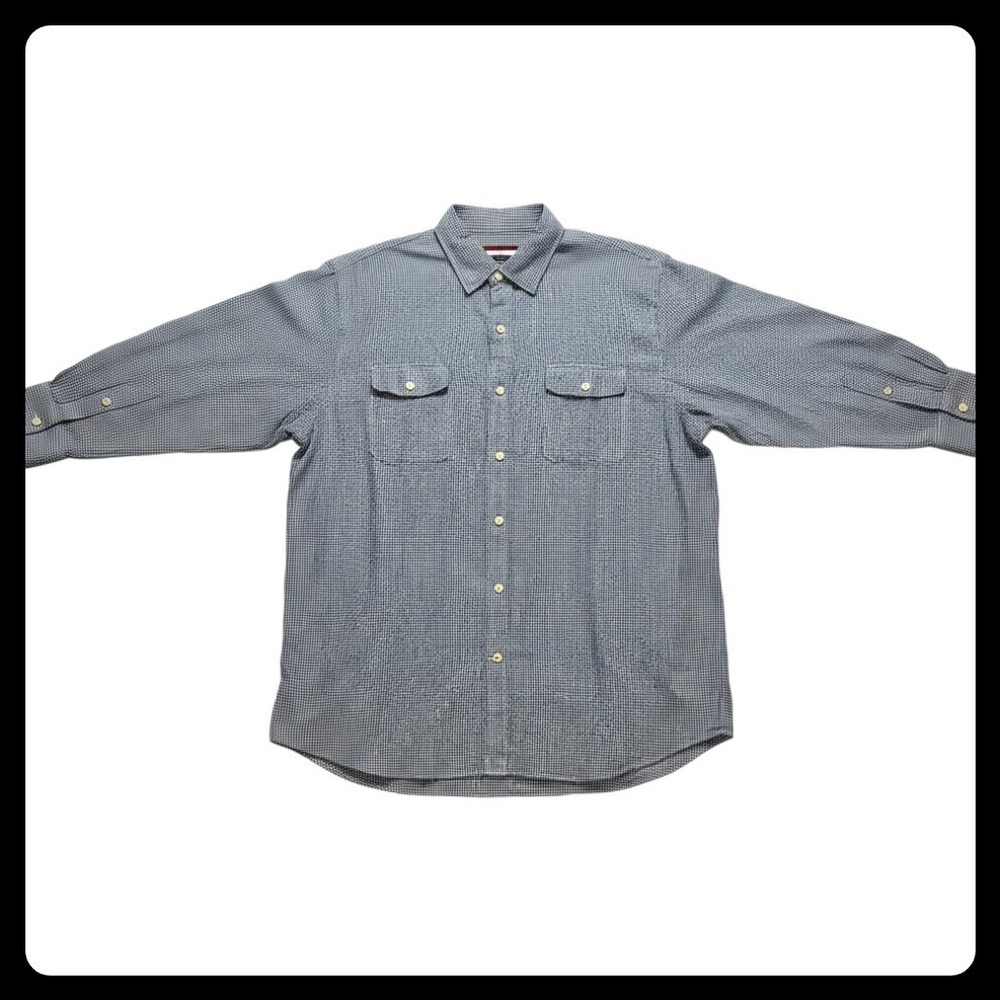 Goodthreads Button Down Shirt Mens Large Blue Gingham Linen Cotton Long Sleeve